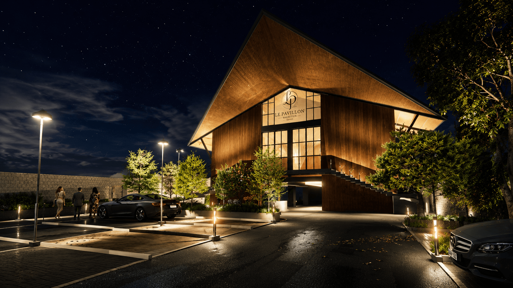 LE PAVILLON venue exterior at night, Mauritius